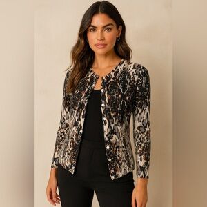 Garnet Hill 100% Merino Cardigan copper blue back abstract print size Small